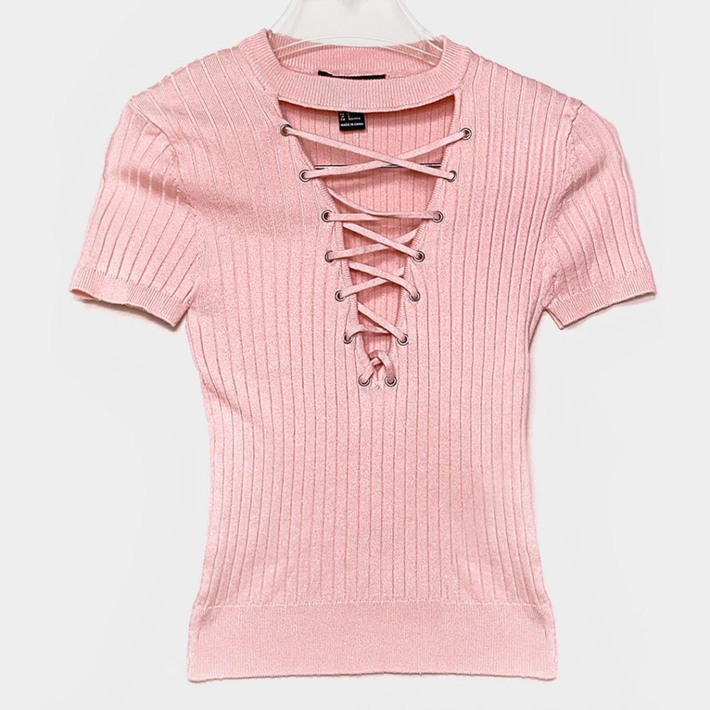 Pink Lace-Up Ribbed Plunge Top by Forever21
